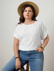 Zelara 大码女式珍珠装饰圆领蝙蝠袖短袖优雅上衣 - 白色 - 查看 7