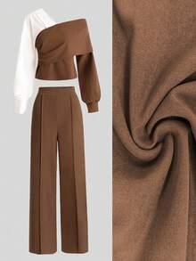 Franclia Plus Size Women's French Style Casual Elegant Long Sleeve Top And Pants 2-Piece Set Fashion Outfit Fall - Coffee Brown - View 6
