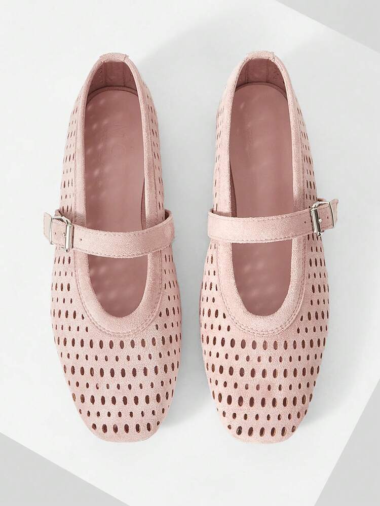 WOMEN'S NEW FRENCH SUEDE HOLLOW BUCKLE WITH ROUND HEAD FLATS, PINK VERSATILE GENTLE ELEGANCE LIGHTWEIGHT COMFORT FAIRY STYLE VACATION MARY JANE SHOES