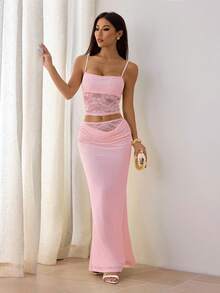SHEIN PETITE 女士夏季蕾丝拼接透视两件套露背上衣+长裙性感优雅节日装扮情人节约会装扮音乐节宴会轻薄连衣裙适合秋冬季内衣穿着 - 淺粉色 - 查看 6