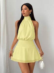 SHEIN PETITE Vestido de mujer sexy y elegante con cuello halter, cintura fruncida de gasa - Amarillo claro - Ver 6