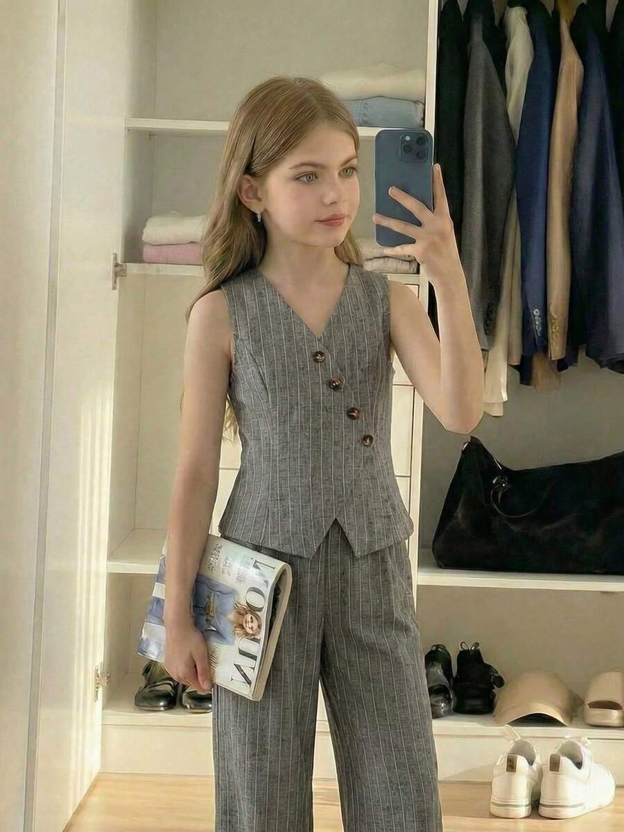 Conjunto informal de top con cuello en V y bajo asimétrico y pantalones para niñas preadolescentes - Marrón - Ver 1