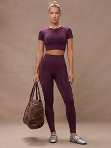 Lumalex Solid Seamless High Stretch Raglan Sleeve Sports Set Workout Women Set Gym Women Outfit - Maroon - View 2