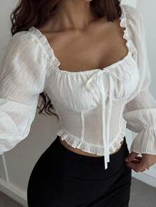 DAZY Spring/Summer Elegant Lace Patchwork Slim Fit Blouse With Drawstring Tie, Suitable For Valentine's Day, Wedding, Party, Formal Occasions, Long Sleeve Women's Shirt - White - View 6