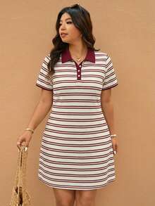 Elaquor Plus Size Casual Striped Short Sleeve Dress - Burgundy - View 5