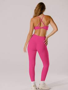 Aralina Quần legging nữ cạp cao, màu trơn, kiểu dáng thể thao thường ngày. - Hồng nhiệt đới - Xem 6