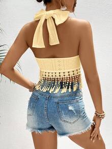 SHEIN VCAY Áo tank top nữ dây chéo phối ren tương phản cho kỳ nghỉ - Màu vàng ngỗng - Xem 2