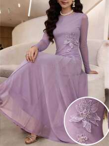 Veilorie 女士纯色圆领插肩袖修身优雅连衣裙 - 淡紫色 - 查看 2