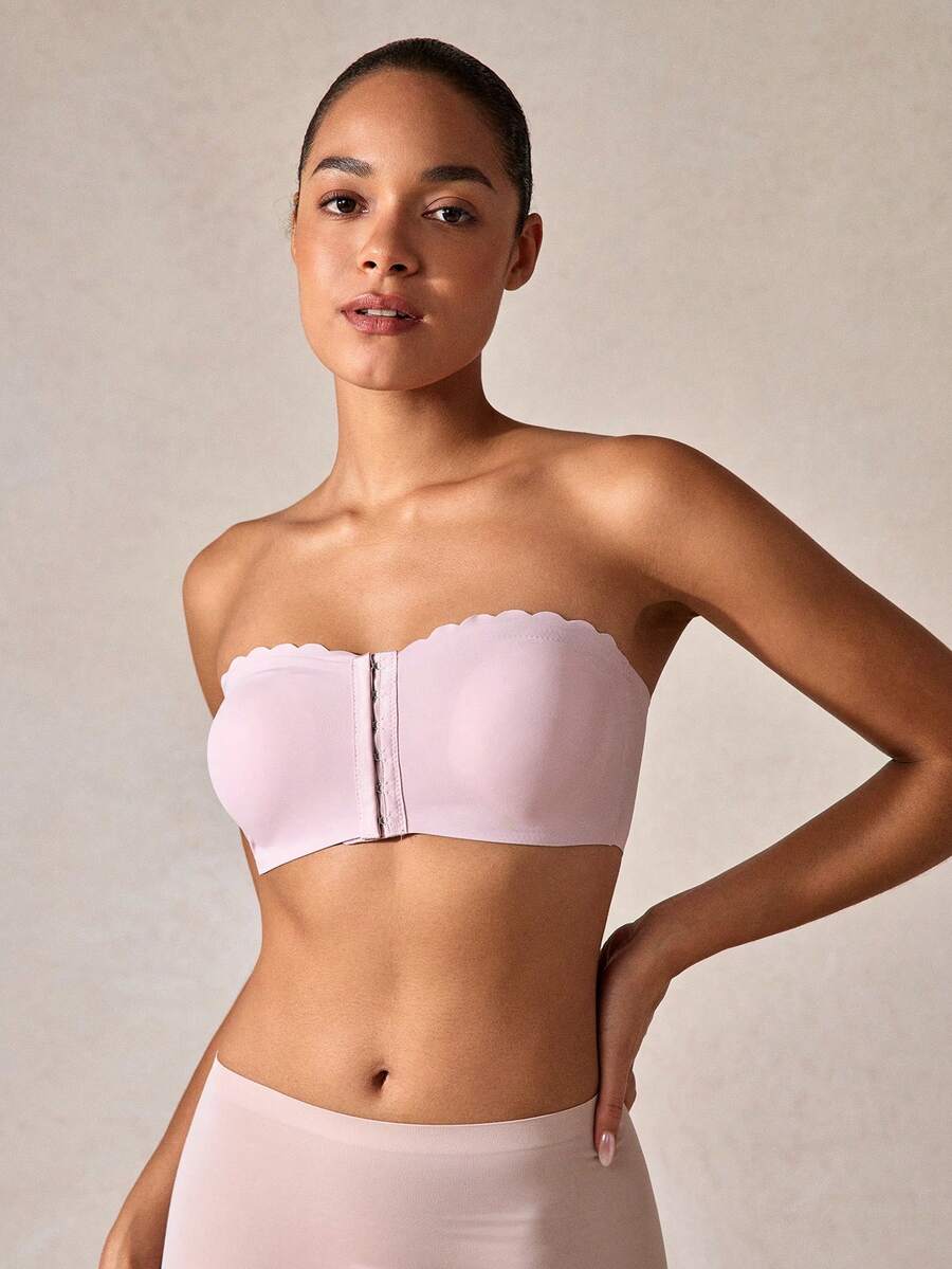 Veilyse 1pc Front Clasp Pink One-Shoulder Fan-Shaped Bustier With Wide Silicone Upgraded Non-Slip Band, Comfortable Padded Bra, Seamless Wireless Bra For Womenfor Summerfor Summer - Pink - View 1