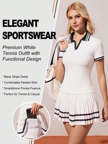 CourtClass Women's Contrast Trim Short Sleeve Top And Pleated Skirt Tennis Outfit - Black and White - View 1