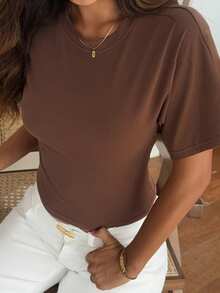 DAZY Women's Round Neck Waist Cinched Short Sleeve Casual Street Style T-Shirt Crop Tops Women - Brown - View 3