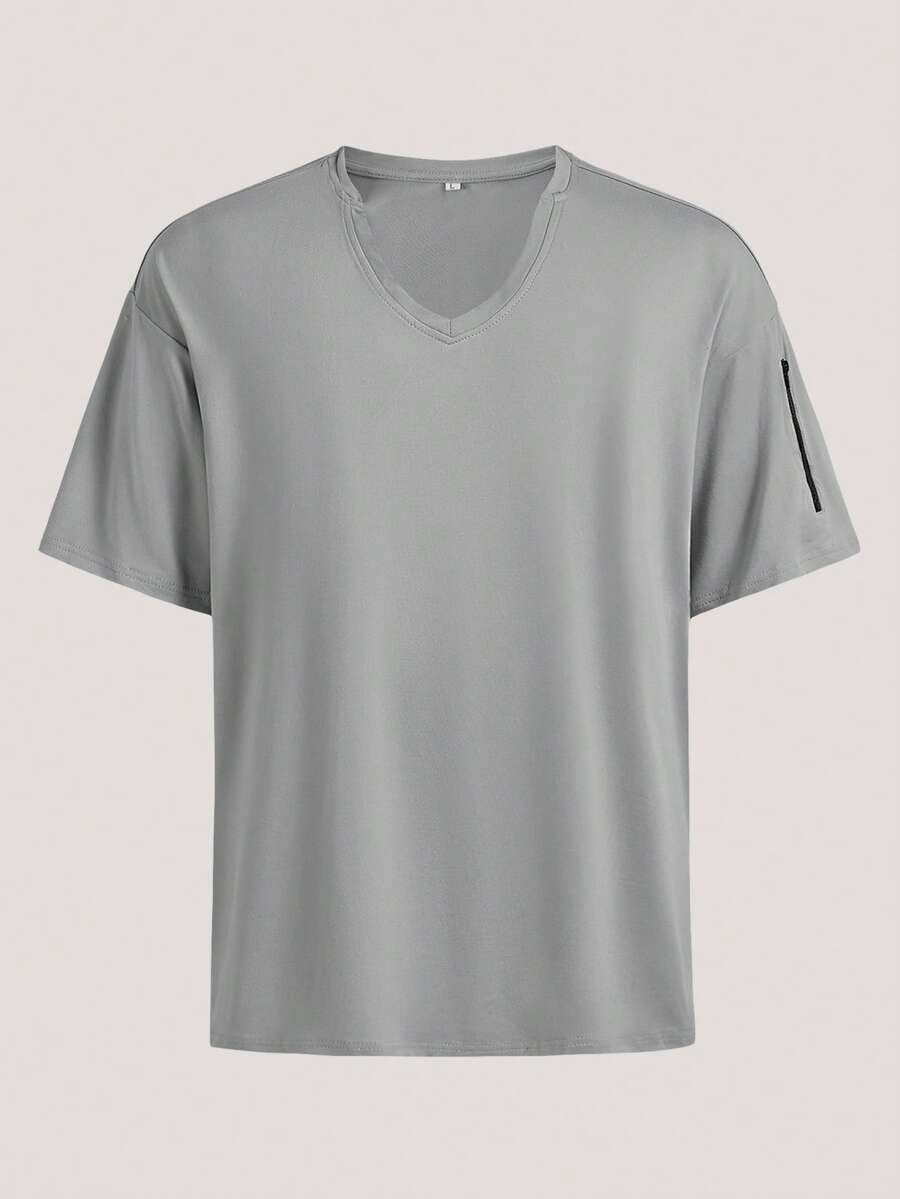 Camisa de manga corta con cuello en V de punto, decoración con cremallera, de tela suave, estilo de moda retro y urbano, adecuada para salidas casuales y viajes diarios - Gris Claro - Ver 1