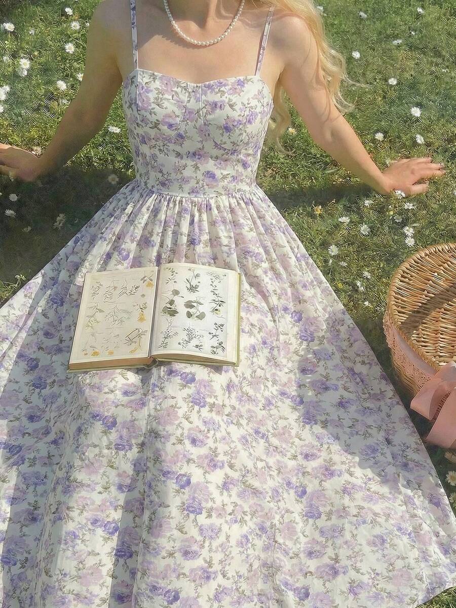 SHEIN 少女优雅碎花编织吊带连衣裙 - 淡紫色 - 查看 1