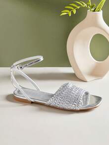 SHUZIA 女士时尚休闲舒适编织PU踝带平底凉鞋 - 銀色 - 查看 5