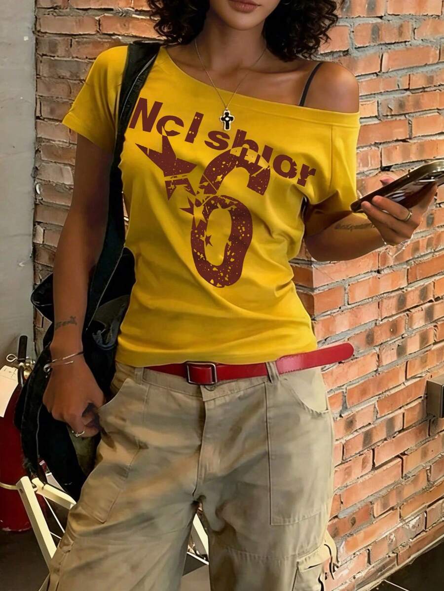 Women's Letter Print Fitted Regular Crew Neck Short Sleeve T-Shirt Jersey - Yellow - View 1