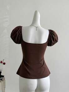 Sweetra Áo thun nữ tay ngắn cổ vuông cài nút xếp ly, viền ren, kiểu dáng thường ngày, thoải mái và tối giản, thích hợp cho mùa xuân/hè. - Cà phê nâu - Xem 2