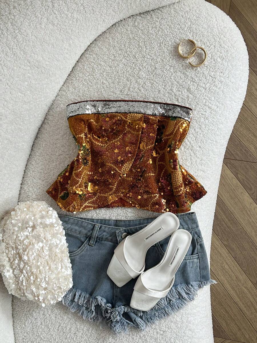 Resyla Áo quây đính sequin thời trang dành cho nữ mùa hè - trái cam - Xem 1