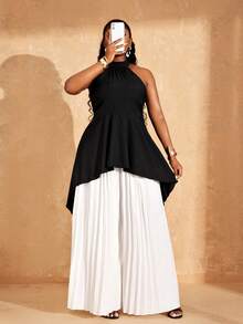 Lunelith SHEIN Lunessa Women's 2 Pieces Commuter Set - Halter Top And Pleated Pants - Black and White - View 6