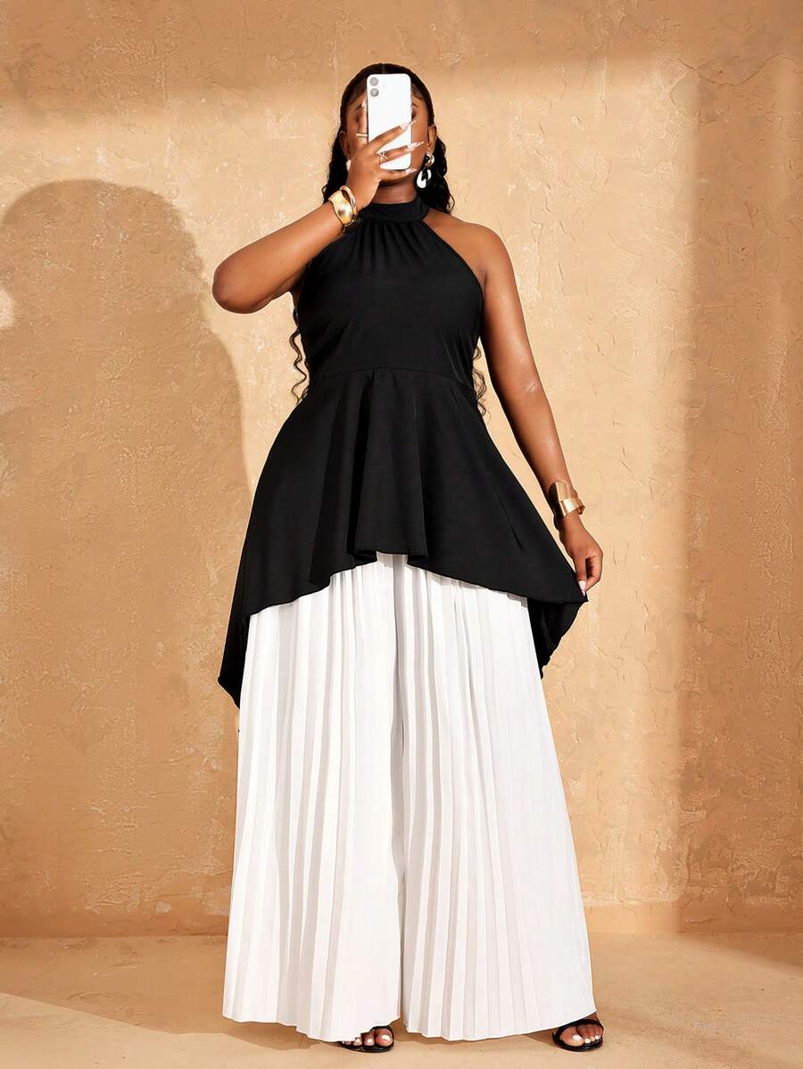 Lunelith SHEIN Lunessa Women's 2 Pieces Commuter Set - Halter Top And Pleated Pants - Black and White - View 1