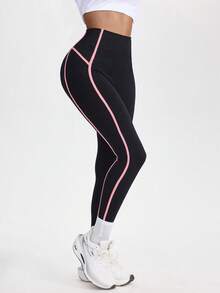Gameset SHEIN Sport 撞色条纹高腰瑜伽裤，欧美风修身设计，高弹面料塑形，适合瑜伽、健身和休闲穿着，实用时尚。 - 彩色 - 查看 5