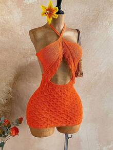 Soleia 女士纯色流苏装饰吊带毛衣连衣裙 - 橘色 - 查看 5