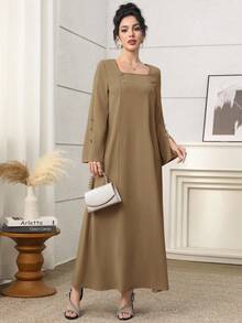 Yasmyna Kaftan & Jalabiya Wanita Warna Hijau Mint dengan Hiasan Pita Tekstur Buatan Tangan - Khaki - View 4