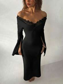 Aloruh Apricot Color Knit Off-Shoulder Long Dress For Women - Black - View 4