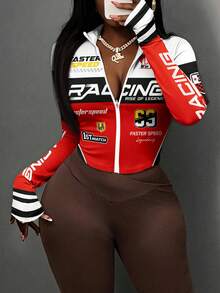 Slaydiva 简约休闲女式秋冬弹力撞色字母数字印花图案T恤，半拉链领口、V领、紧身长袖 - 彩色 - 查看 5