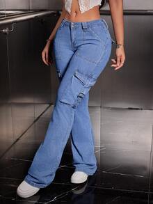 SHEIN ICON Women's Solid Color Retro Cargo Denim Flare Pants - Medium Wash - View 6