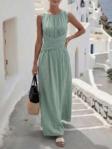 Louniche Đầm nữ màu xanh ô liu không tay, kiểu dáng giản dị, thiết kế thắt eo chéo, phong cách tối giản toát lên vẻ thanh lịch, phù hợp cho mặc hàng ngày, tiệc trà chiều, các buổi gặp gỡ thân mật và những chuyến đi làm nhẹ nhàng. - Màu xanh Bạc hà - Xem 5