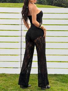 SHEIN EZwear 女士蕾丝抹胸连体裤，性感日常穿着 - 黑色 - 查看 2