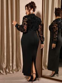 Cravure 大码女式花卉装饰立领长袖优雅修身连衣裙 - 黑色 - 查看 2