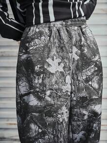 Modcrash 男士弹力腰带树叶印花休闲运动裤，适合日常穿着、锐舞派对、复古美式风格、男女皆宜、宽松版型夏季服装——适合日常穿着和夏季度假服装。 - 黑色 - 查看 6
