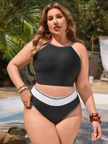 Swim Lushoire 大码女式两件套纯色黑白时尚度假日常休闲拼接高腰可调节肩带三角比基尼泳衣 - 黑與白 - 查看 4