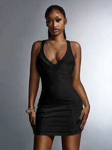 Amplova 女士纯色无袖修身迷你连衣裙 - 黑色 - 查看 7