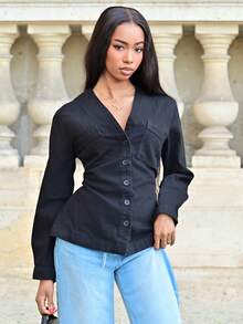 Mima John Women's Fashion Front Button Waist Denim Blouse - Black - View 1