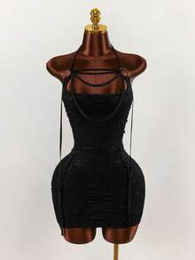 Amplova Y2K Shibuya Gyaru Tight Sleeveless U-Neck Ripped Hole Mini Dress - Black - View 4