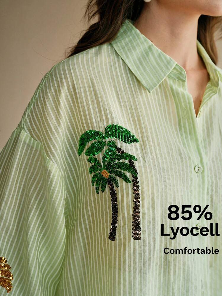 Women's Colorful Sequin Embroidery Palm Tree Long Sleeve Striped Blouse, Spring/Summer