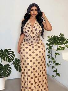 Maweii Polka Dot Print Draped Neck Sleeveless Vacation Dress - Yellow - View 1