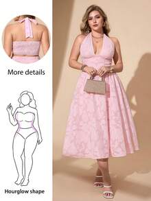 Hourglow Plus Size Halter Top & Textured Pattern Skirt 2 Pieces Set, For Hourglass Body Shape/2026 /New Year - Pink - View 1