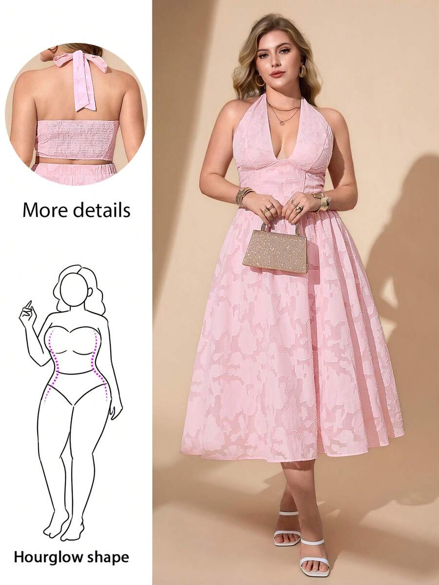 Hourglow Plus Size Halter Top & Textured Pattern Skirt 2 Pieces Set, For Hourglass Body Shape/2026 /New Year - Pink - View 1