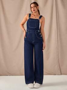 SHEIN Raw Dark Blue Washed Denim Woman's Casual Style Overall Button Detail - Dark Wash - View 1
