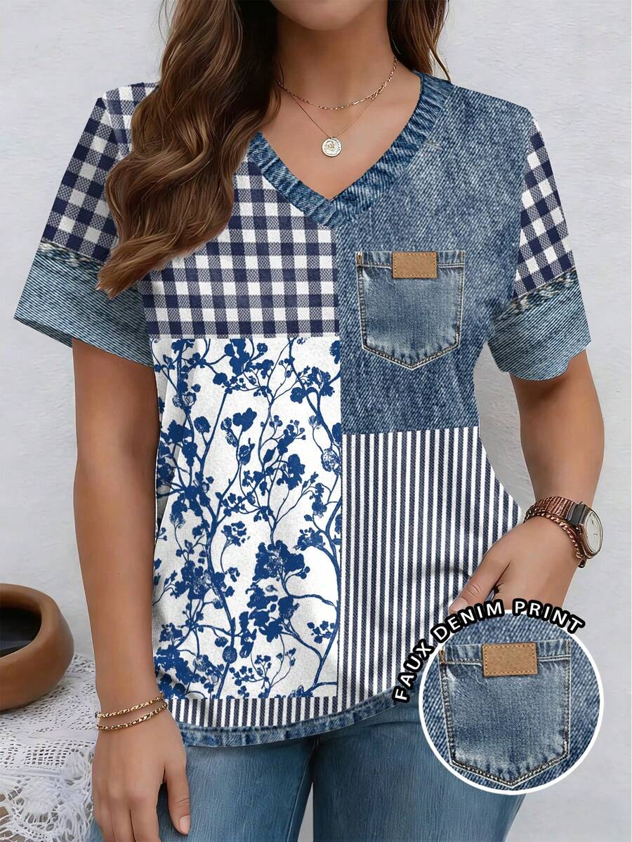EMERY ROSE Camiseta casual de manga corta con cuello en V acanalado y estampado de retazos, talla grande, para primavera y verano - Multicolor - Ver 1