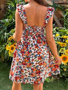 SHEIN Maternity Casual Floral Print Nursing Dress For Women,Summer Breastfeeding Sundress,Navy Blue Boho Ruffle Sleeve Midi Dress For Baby Shower,Holiday - Multicolor - View 7