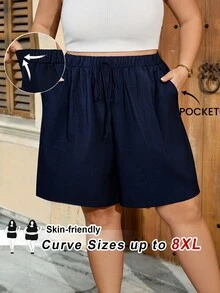 SHEIN CURVE+ 大码女式纯色抽绳腰带口袋宽松舒适休闲短裤，藏蓝色女式短裤，夏季女式短裤，休闲女式短裤，松紧腰短裤，亚麻短裤，女士假日短裤 - 藏蓝色 - 查看 8