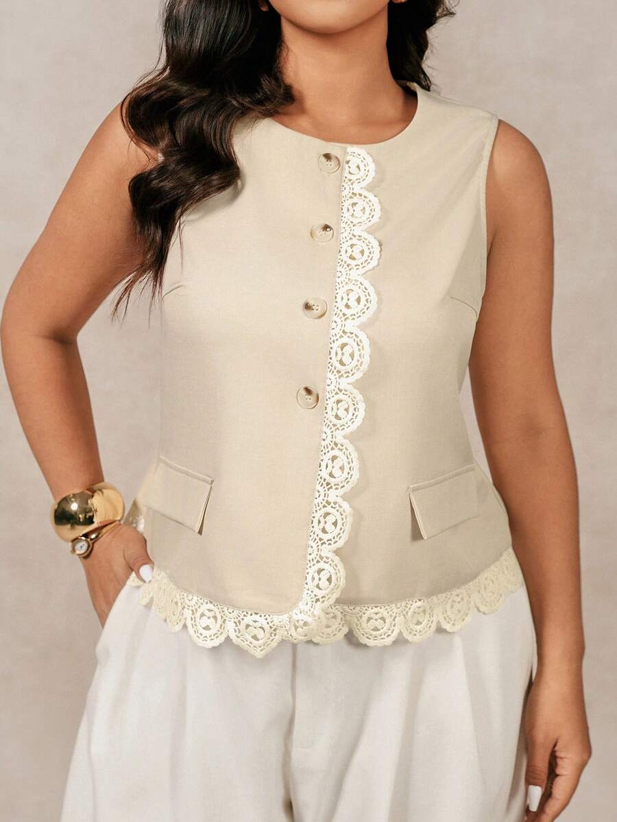Juhart Plus Size Women Lace Elegant Camisole - Khaki - View 1