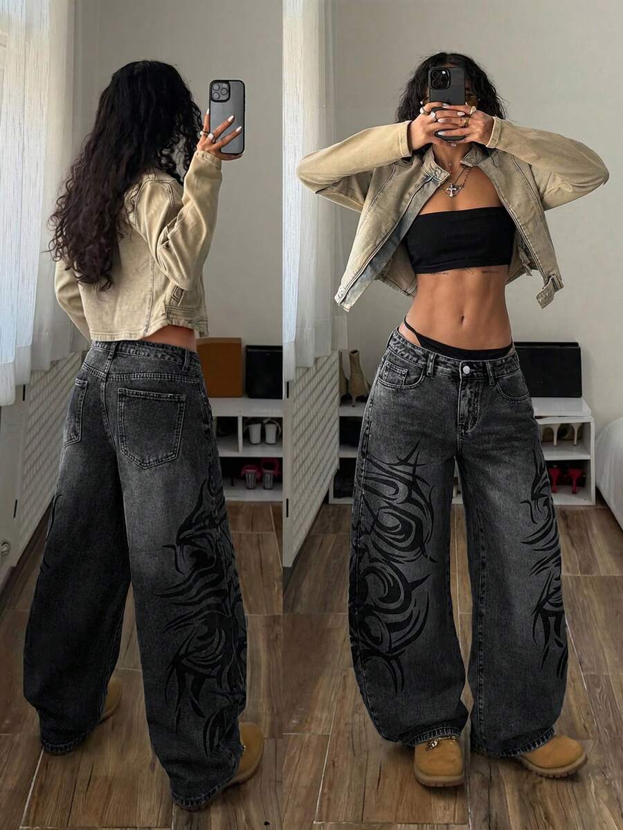 StreetHx Fashionable Casual Street Style Retro Print Loose Fit Denim Wide Leg Pants - Light Grey - View 1