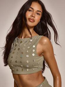 MUSERA Atasan Crop Top Berpotongan Leher Terbuka dengan Kancing Kerang dan Tali Belakang, Cocok untuk Musim Panas, Musim Semi, Seksi, Cocok untuk Liburan Pantai, Gaya Y2K - Hijau - View 2