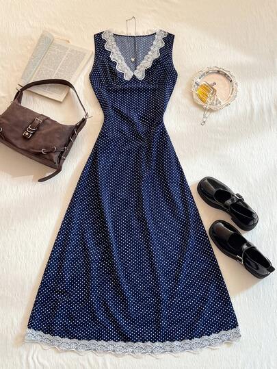 Glimmora Women's Polka Dot Print Minimalist Casual Lace Collar Sleeveless Polka Dot Maxi Dress