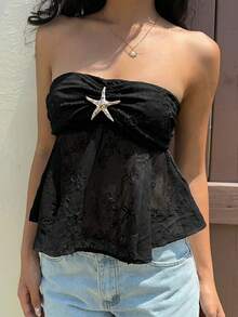 MainGRL Women's Solid Color Embroidered Textured Fabric Camisole, New Sexy Black Backless Camisole For Summer, Retro Bohemian Style Star Metal Buckle Decor Bandeau Top,Summer Top - Black - View 5